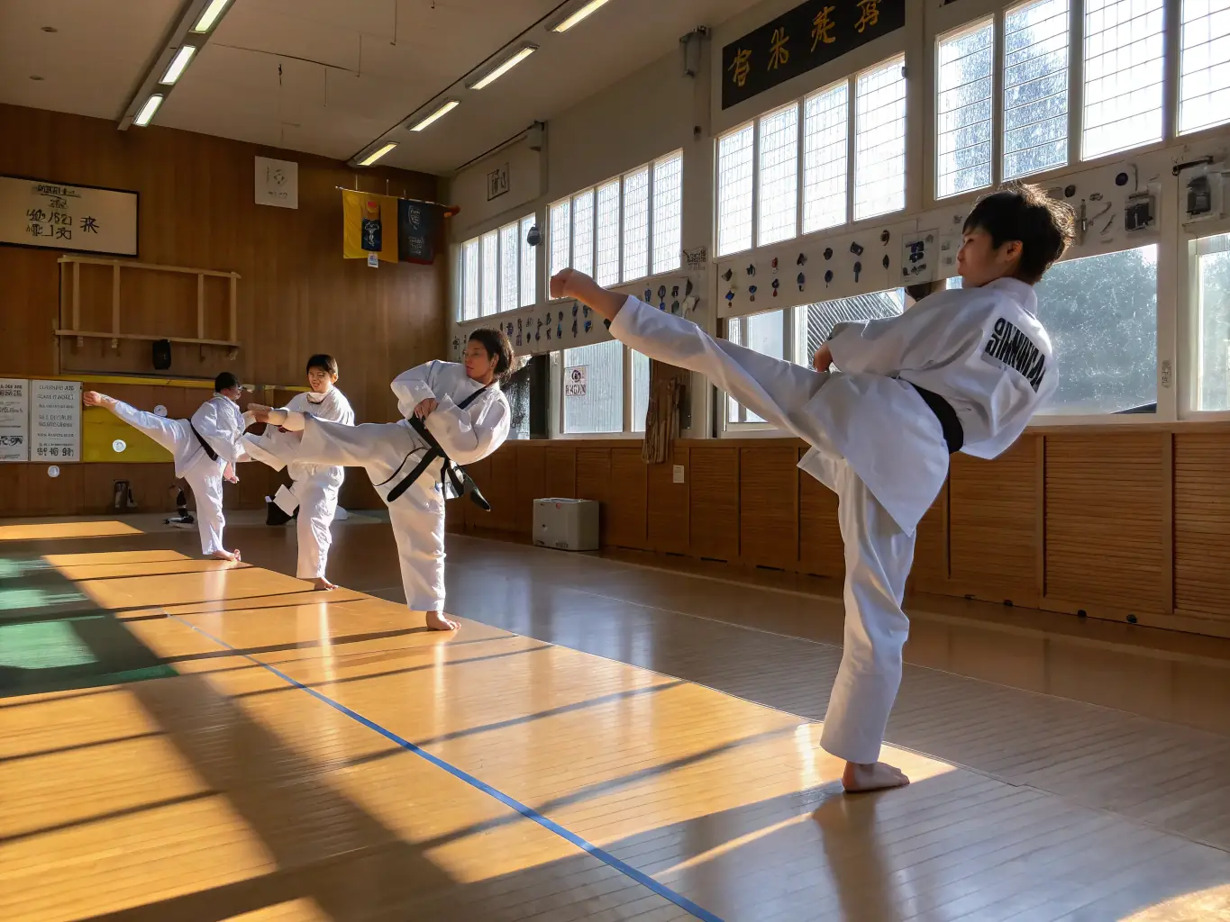 A dynamic image of students practicing martial arts, demonstrating discipline and focus during an extracurricular martial arts program at ASS SPORTIVE COLLÈGE DE SAINT CERNIN.