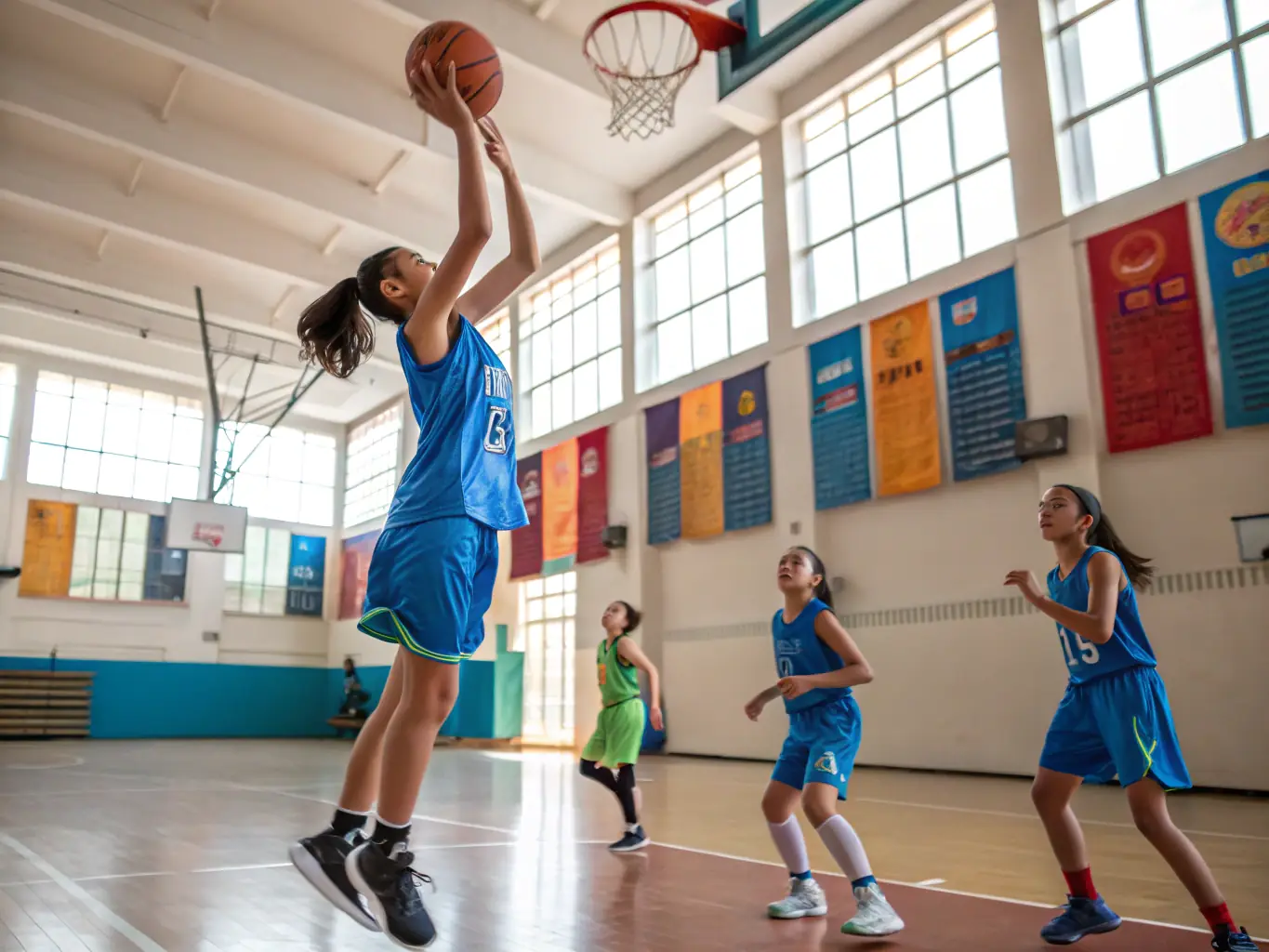 An action shot of students playing basketball in a school gymnasium, highlighting the energy and excitement of the extracurricular basketball program at ASS SPORTIVE COLLÈGE DE SAINT CERNIN.