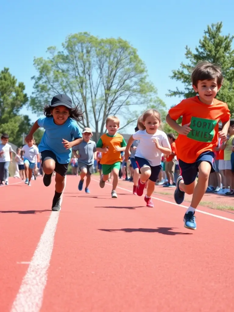 Students running track and field during a school sports event, demonstrating physical fitness and determination.