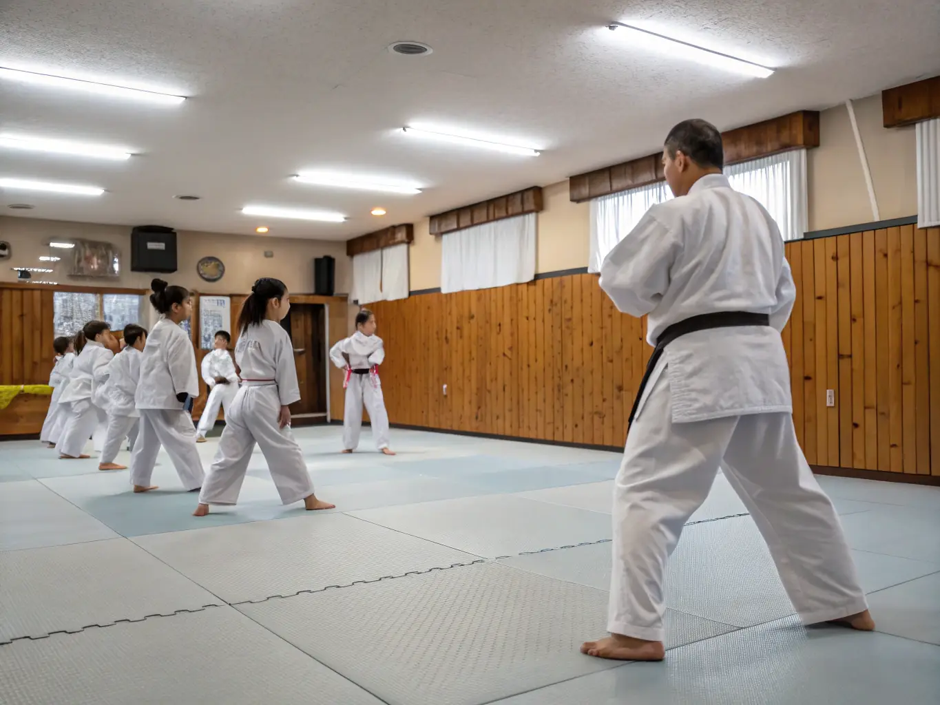 Students participating in a martial arts class, demonstrating discipline and focus in an extracurricular program at ASS SPORTIVE COLLÈGE DE SAINT CERNIN.