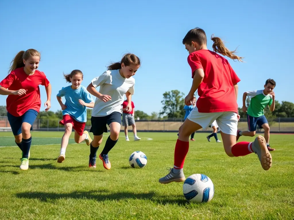 A group of students playing soccer on a green field during a sunny day, showcasing teamwork and sportsmanship in an extracurricular program at ASS SPORTIVE COLLÈGE DE SAINT CERNIN.