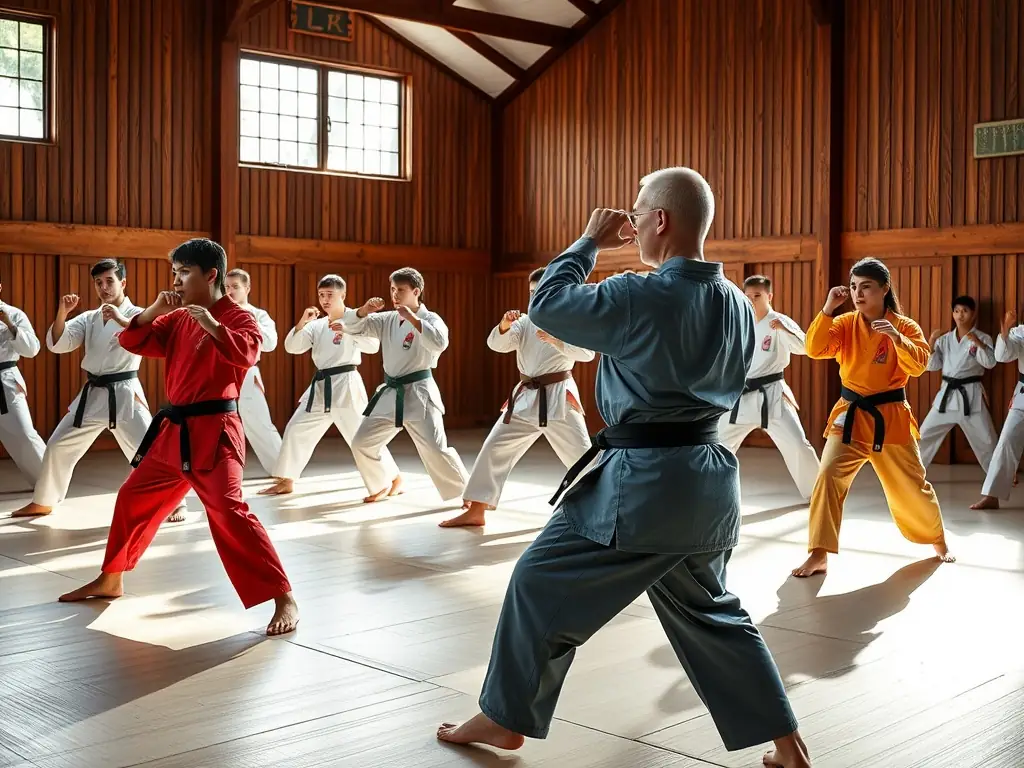 A group of students practicing martial arts, displaying discipline, focus, and respect.