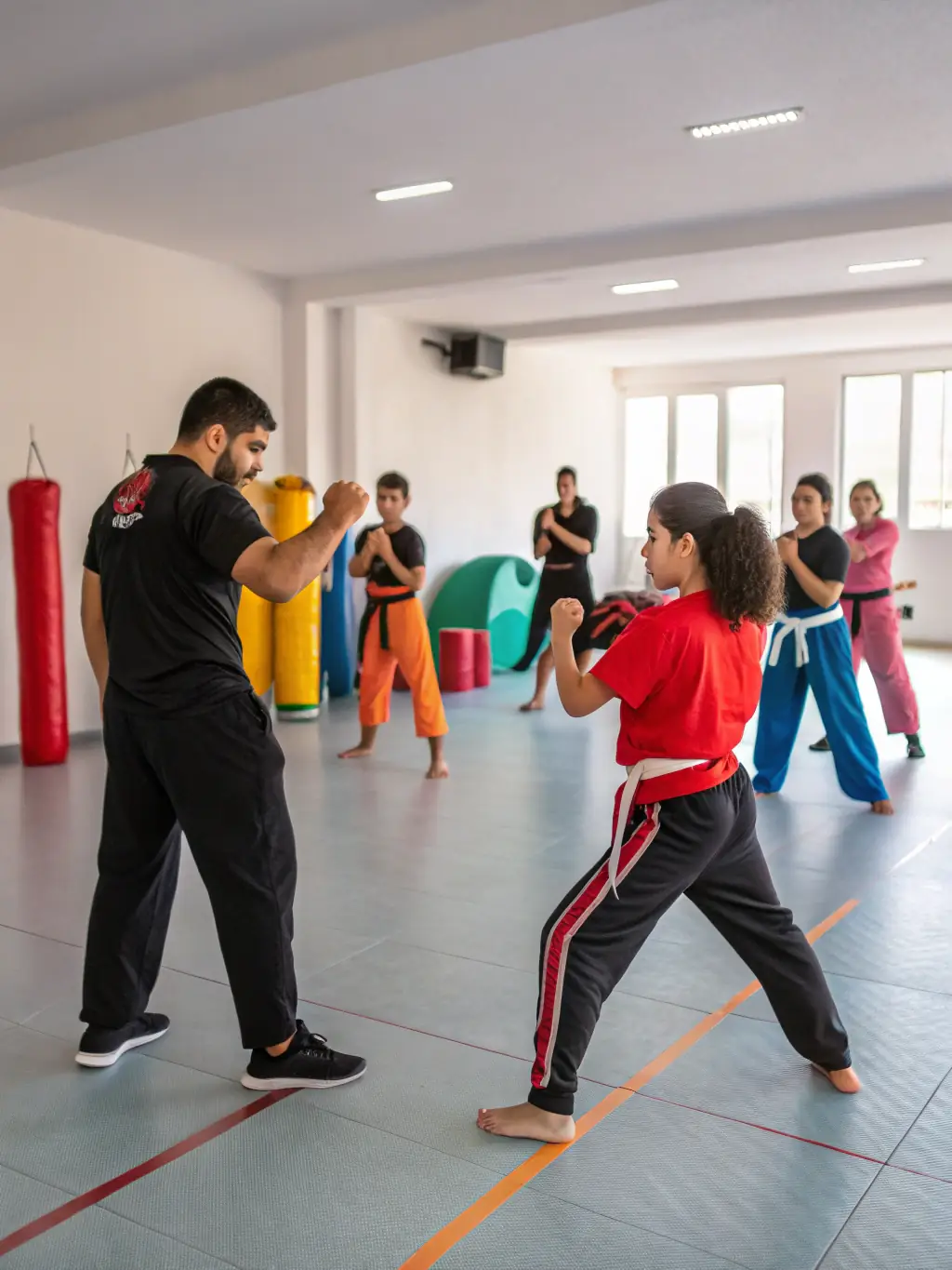 Students learning self-defense techniques in a martial arts class, emphasizing discipline, respect, and physical fitness at ASS SPORTIVE COLLÈGE DE SAINT CERNIN.