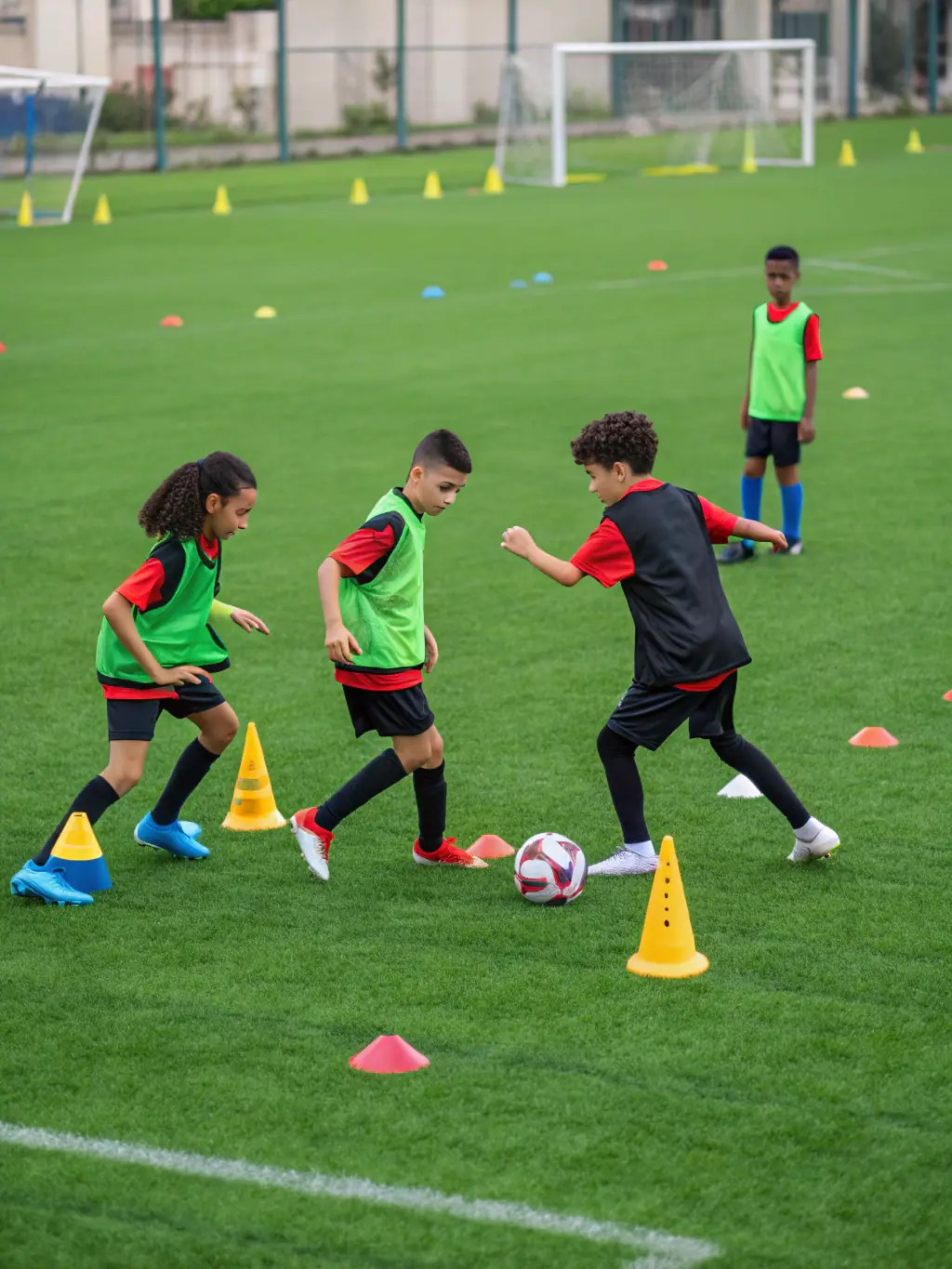 A group of students playing soccer on a well-maintained field during an after-school program at ASS SPORTIVE COLLÈGE DE SAINT CERNIN, showcasing teamwork and sportsmanship.