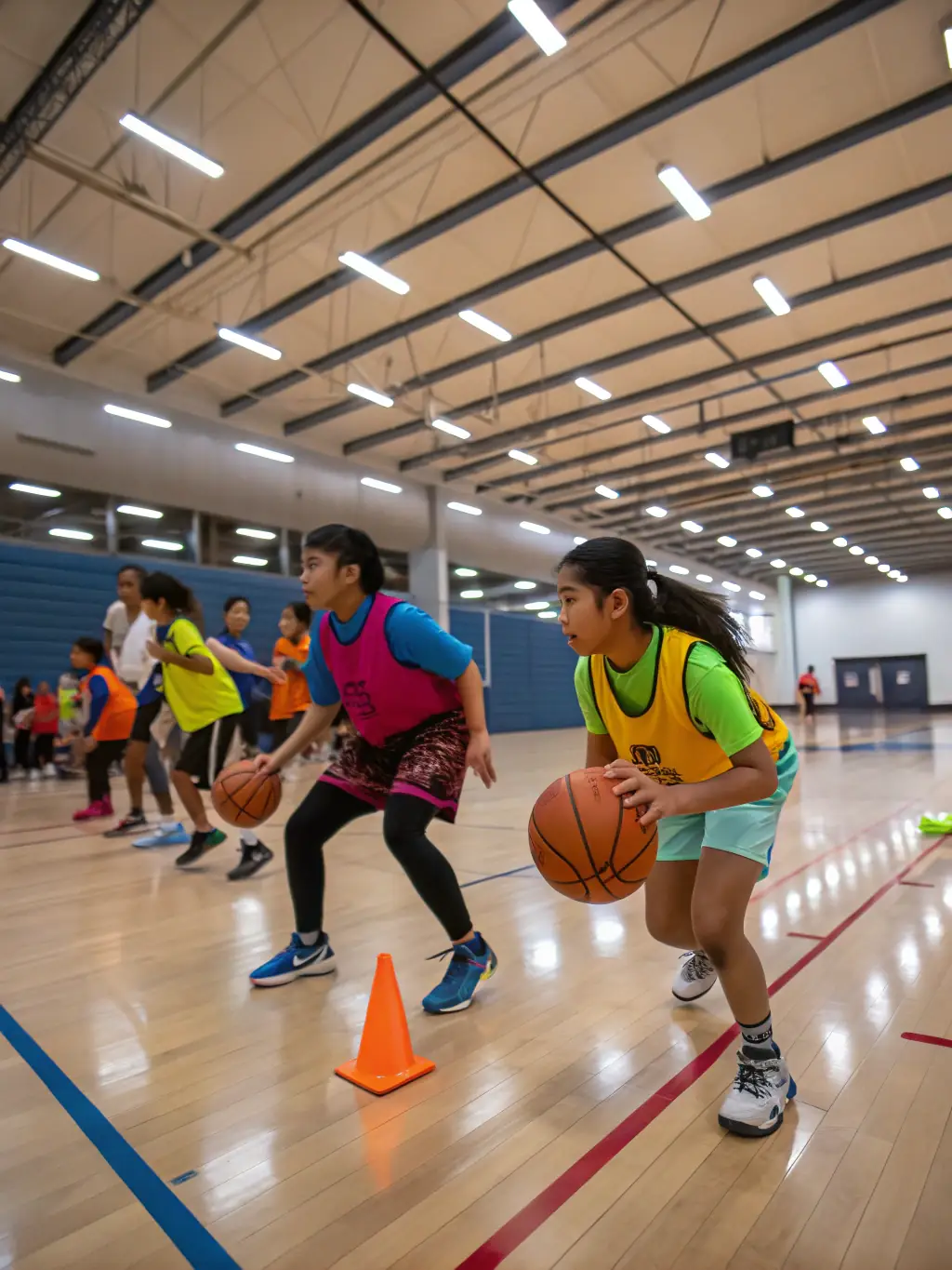 Students participating in a basketball training session indoors, focusing on dribbling and shooting skills under the guidance of a coach at ASS SPORTIVE COLLÈGE DE SAINT CERNIN.