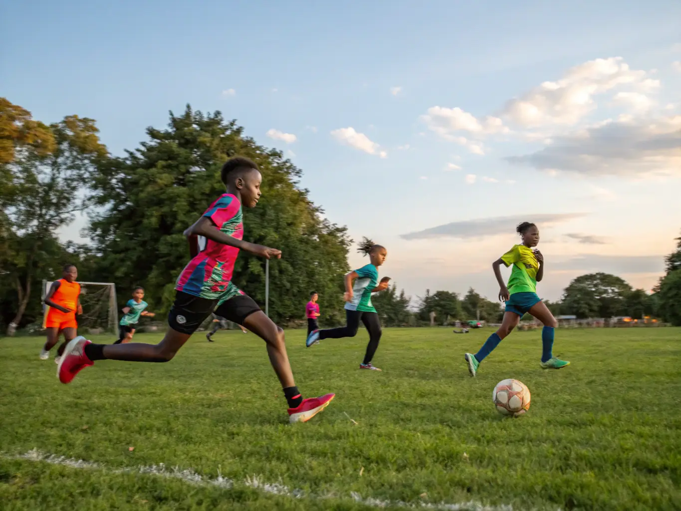 A vibrant image of students playing soccer on a well-maintained field, showcasing teamwork and sportsmanship during an extracurricular soccer program at ASS SPORTIVE COLLÈGE DE SAINT CERNIN.