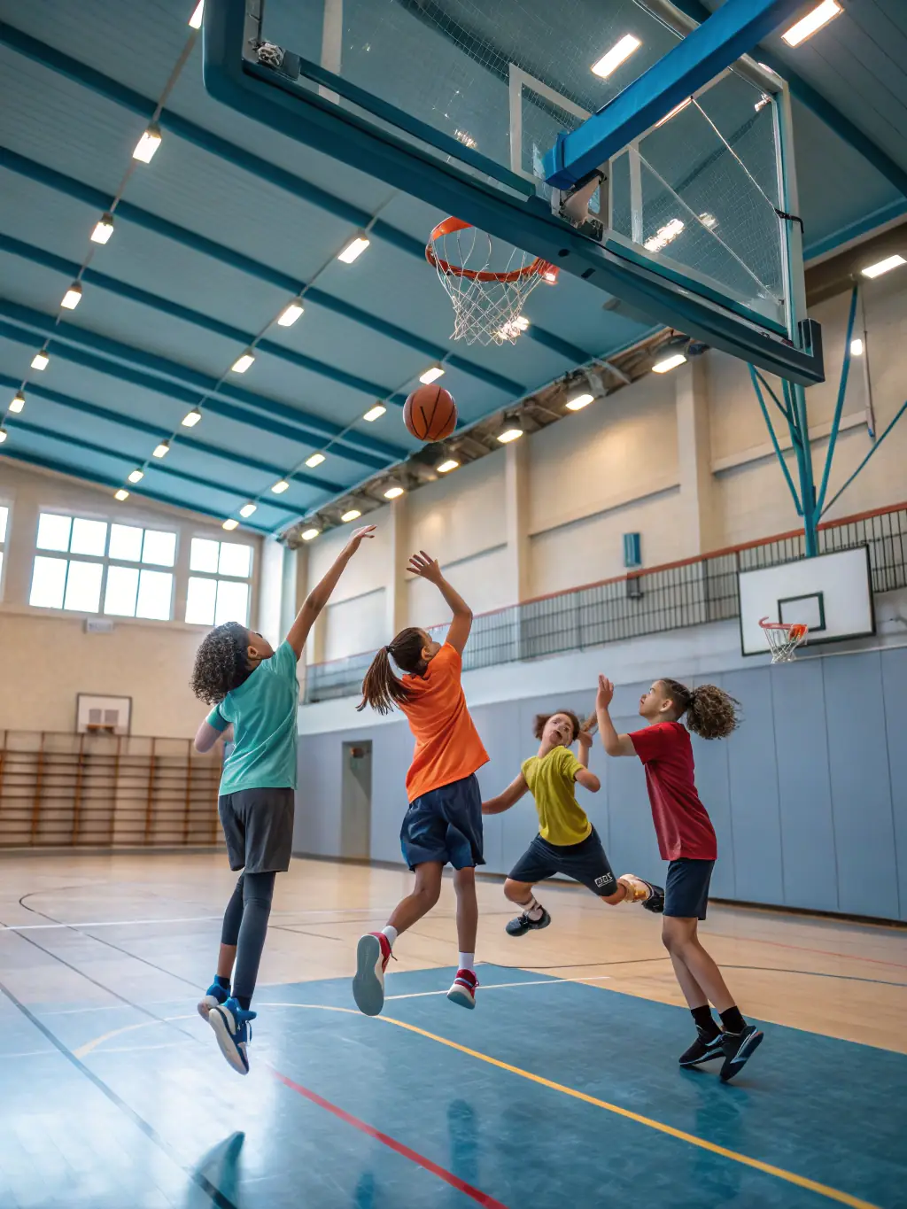 A group of students enthusiastically playing basketball in the school gymnasium, showcasing teamwork and active participation.