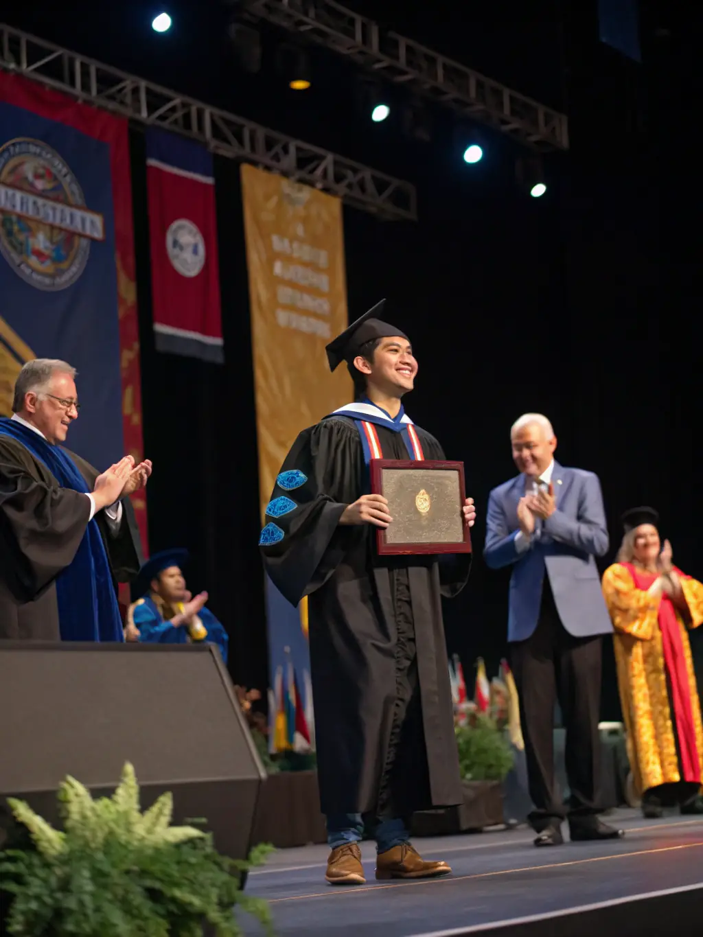 A student athlete receiving an award at a school ceremony, highlighting achievement and recognition in sports.