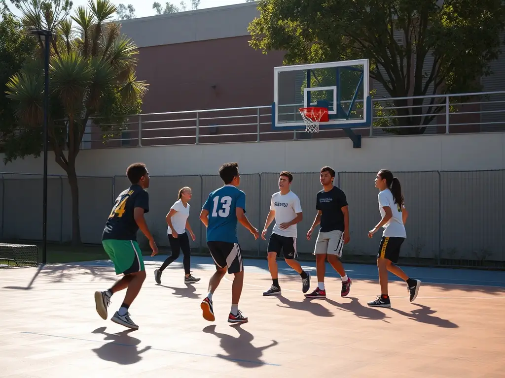 A dynamic image of students playing basketball in a school gymnasium, showcasing teamwork and athletic skill.