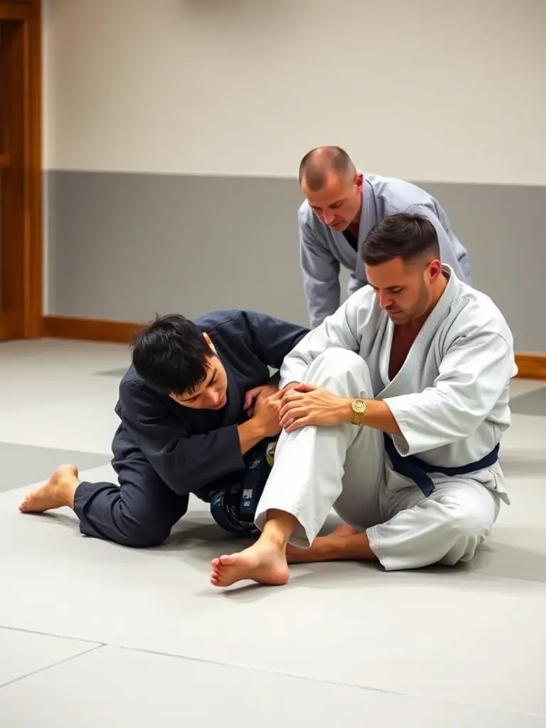 Students learning martial arts techniques in a controlled environment, emphasizing discipline and respect.